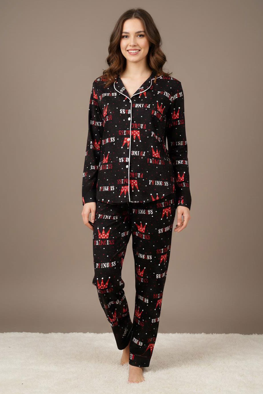 Ara Biyeli Baskılı Süet Pijama Takımı - 28181-SIYAH - 1