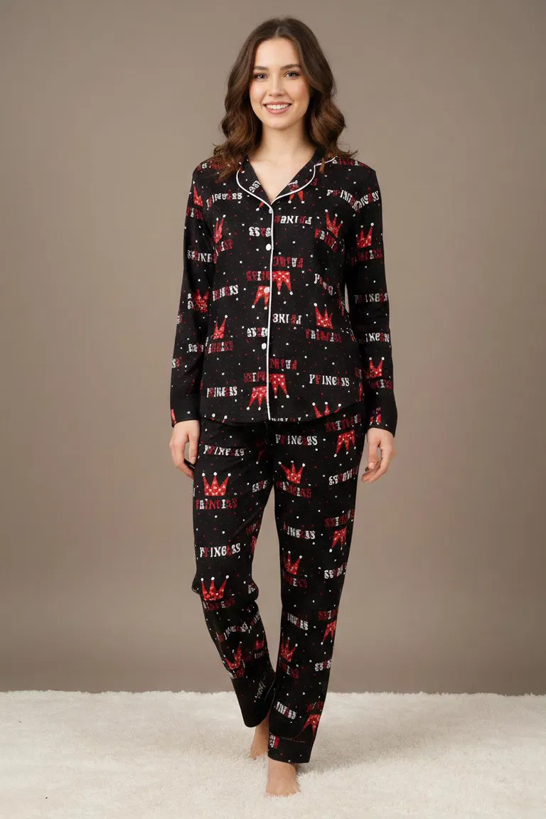 Ara Biyeli Baskılı Süet Pijama Takımı - 28181-SIYAH - TOFİSA