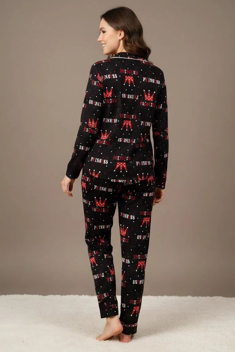 Ara Biyeli Baskılı Süet Pijama Takımı - 28181-SIYAH - TOFİSA