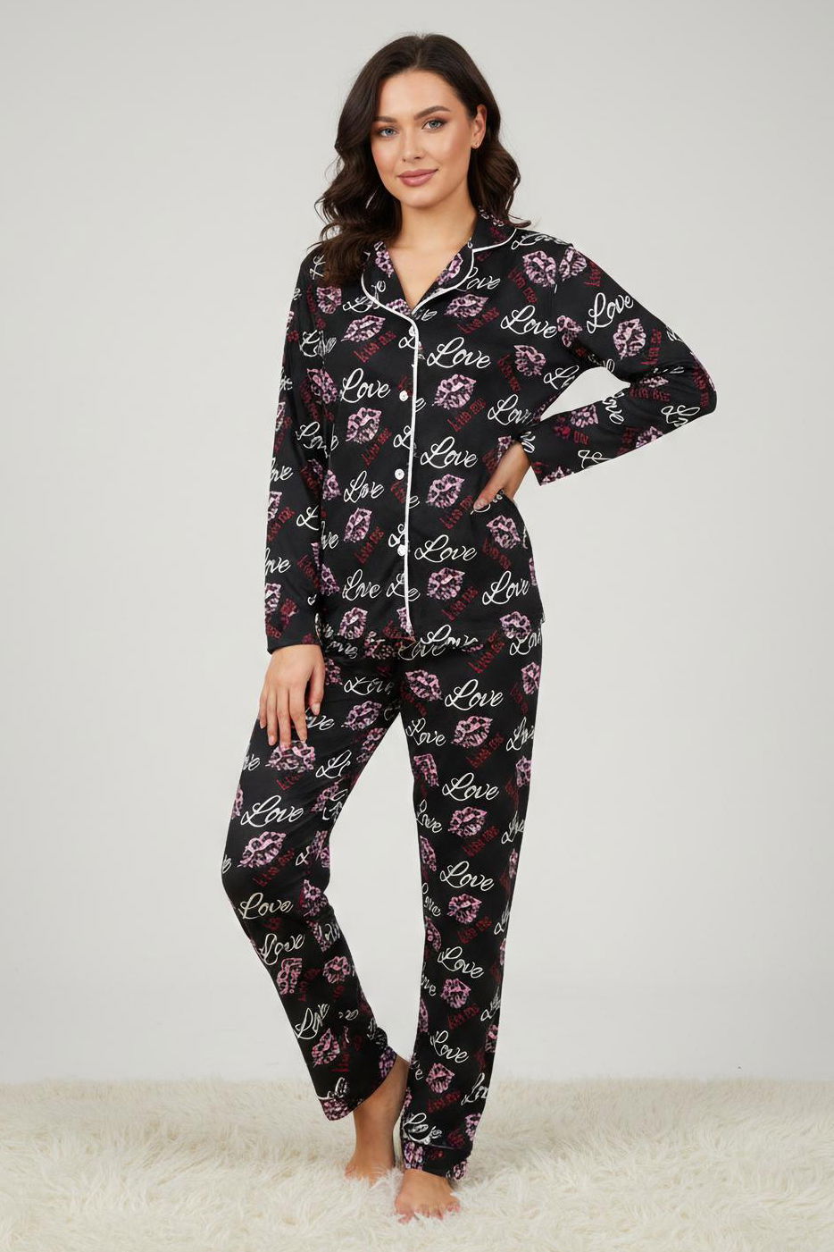 Ara Biyeli Baskılı Süet Pijama Takımı - 28182-SIYAH - 1