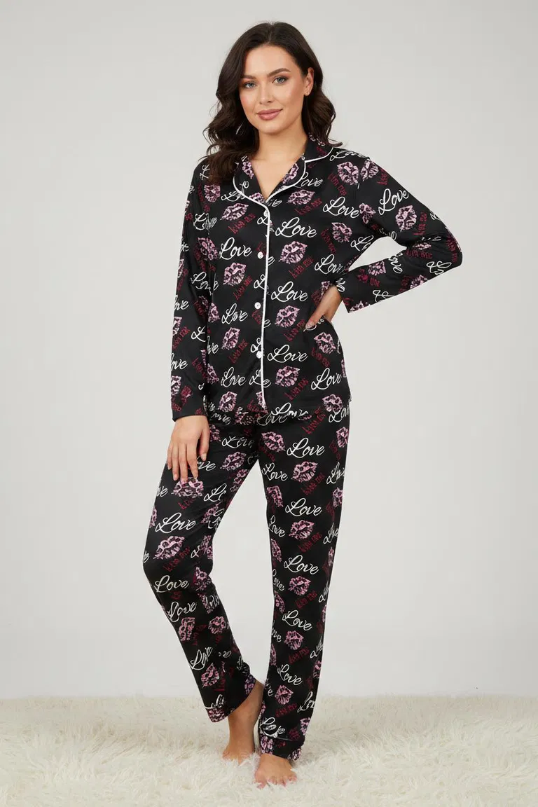 Ara Biyeli Baskılı Süet Pijama Takımı - 28182-SIYAH - TOFİSA