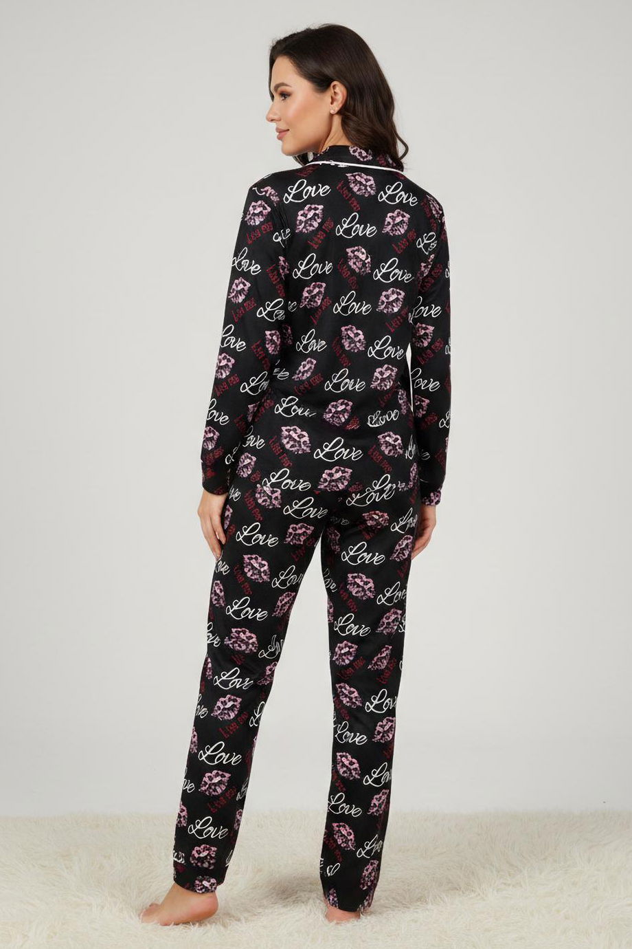 Ara Biyeli Baskılı Süet Pijama Takımı - 28182-SIYAH - 2