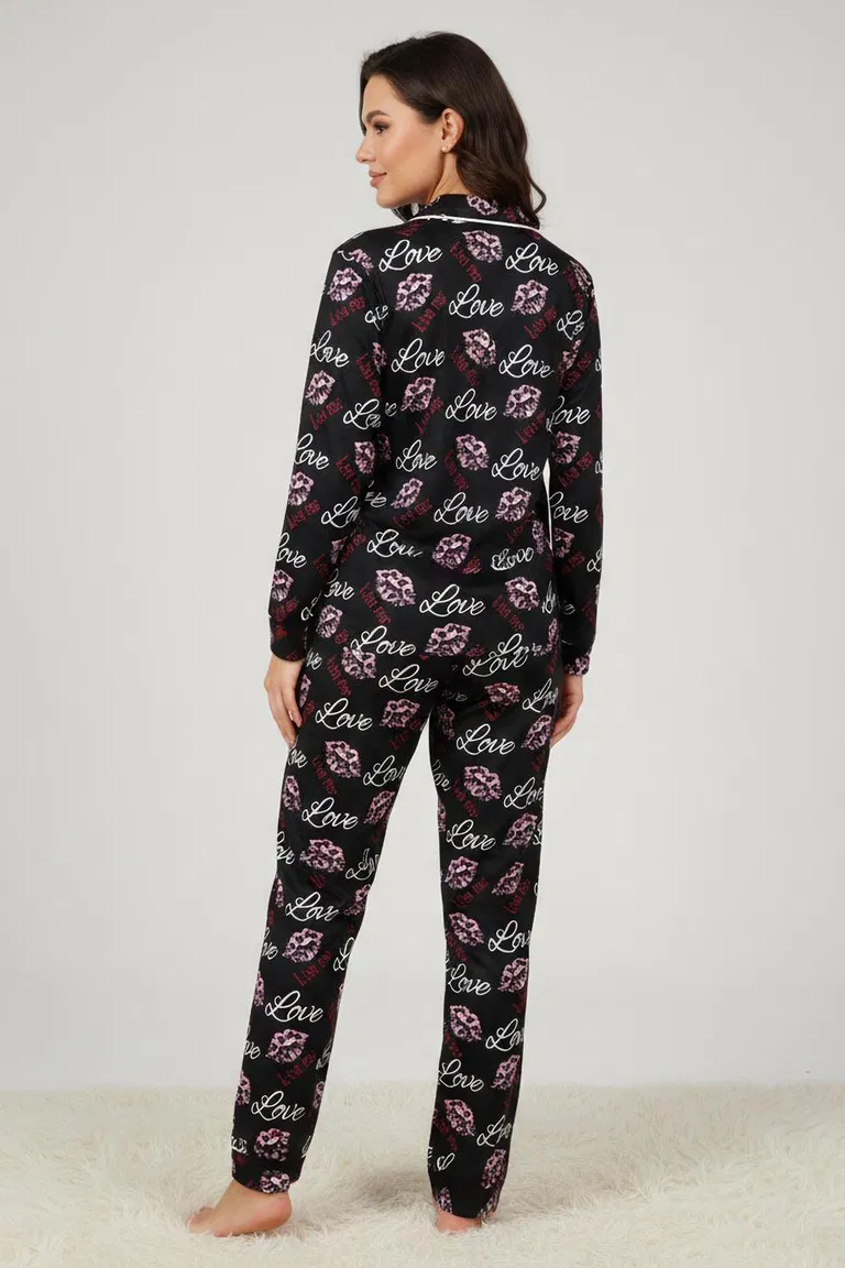 Ara Biyeli Baskılı Süet Pijama Takımı - 28182-SIYAH - TOFİSA