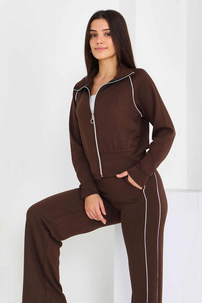 Ara garnili Modal İkili Takım - 27877-KAHVE - TOFİSA