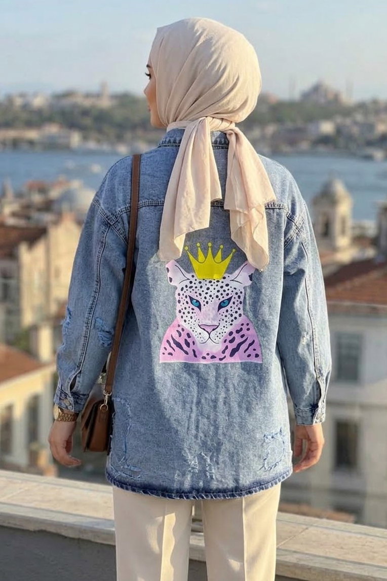 Arkası Baskılı Yırtık Uzun Oversize Kot Ceket Buz Mavi - 29031-BUZ-MAVI - 3