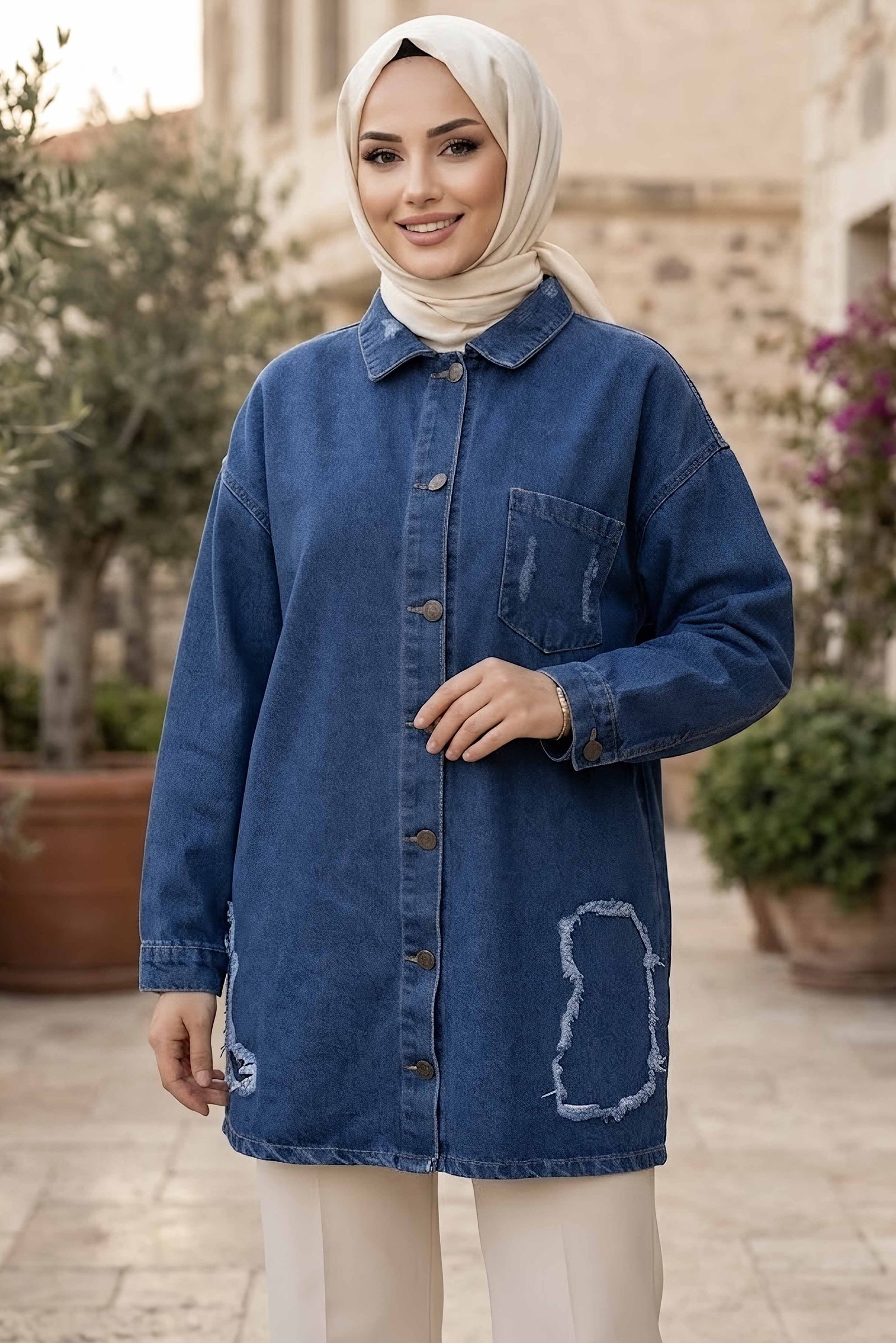 Arkası Baskılı Yırtık Uzun Oversize Kot Ceket Mavi - 29031-MAVI - 1