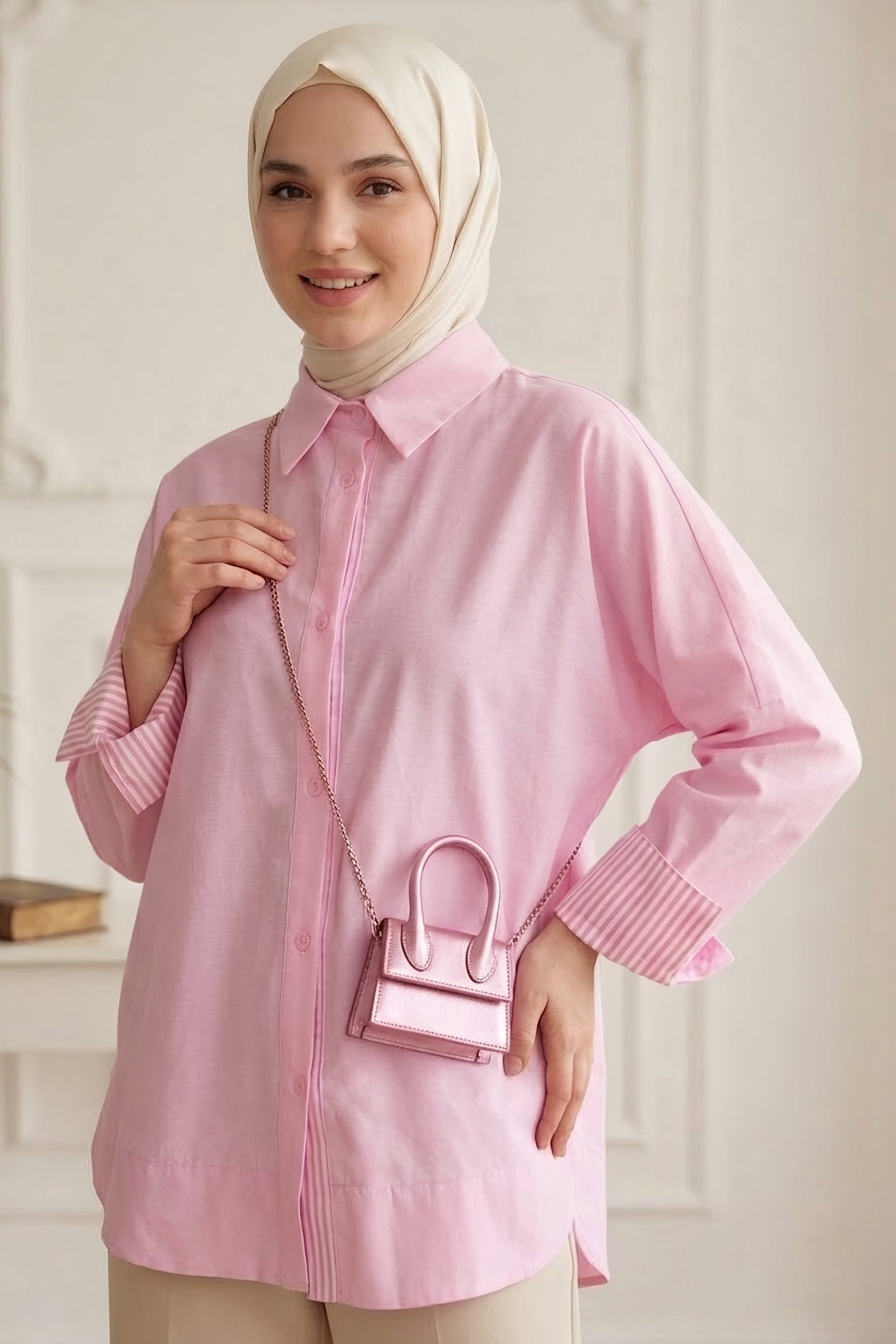 Arkası Roba Detaylı Tunik Pembe - 28727-PEMBE - 2