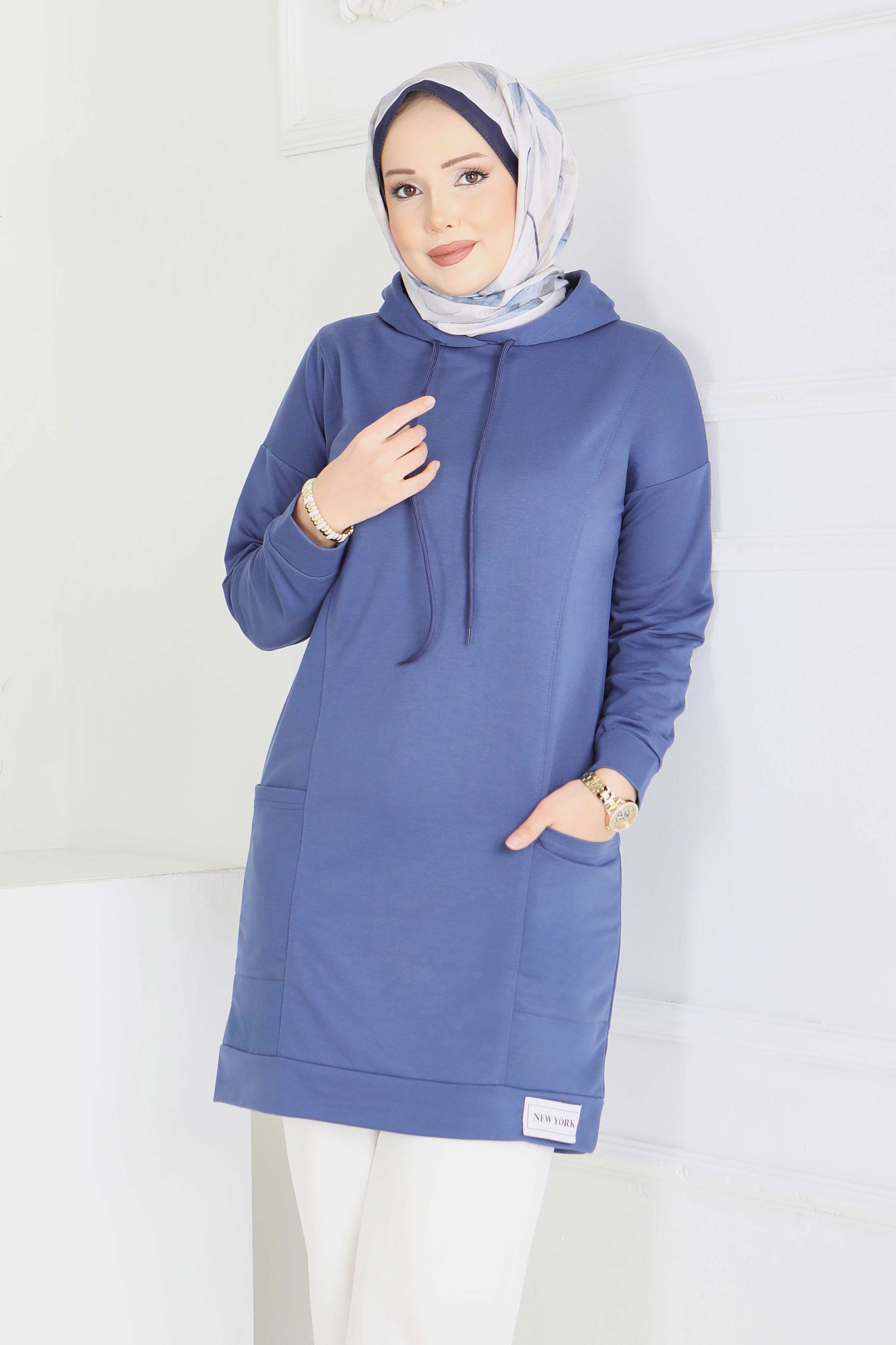 Armalı Geniş Cepli Tunik - 2078-INDIGO - 1