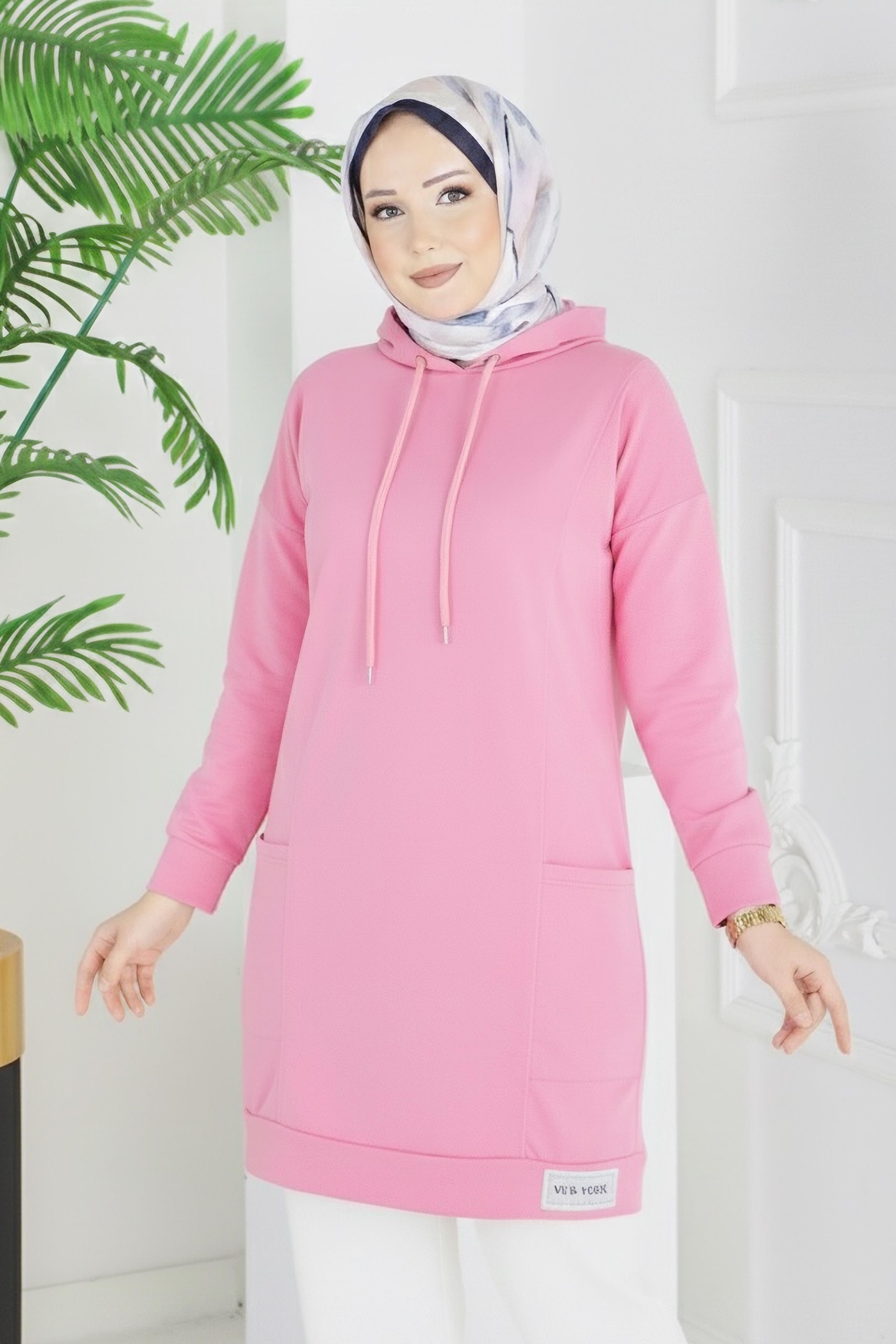 Armalı Geniş Cepli Tunik - 2078-PEMBE - 2