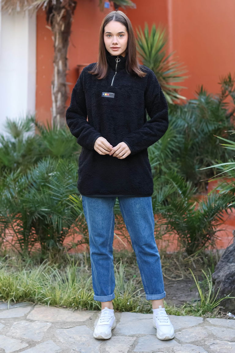 Armalı Peluş Sweat - 27821-SIYAH - TOFİSA