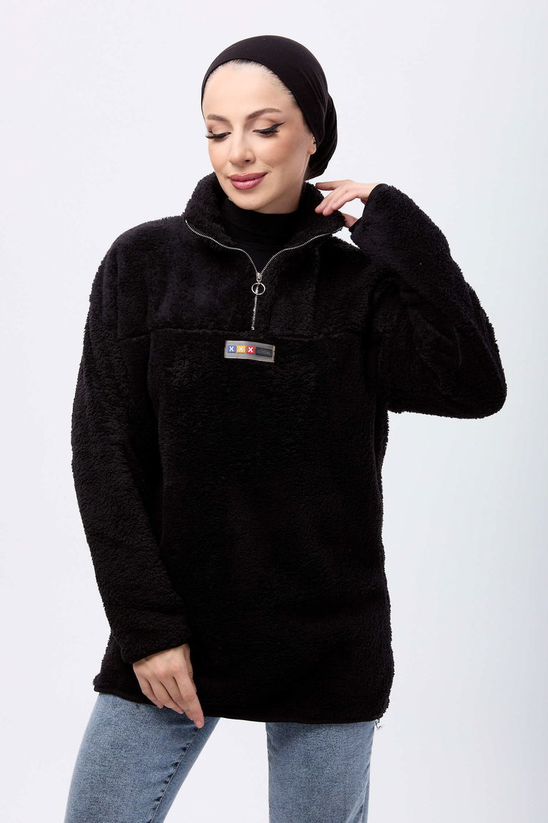 Armalı Peluş Sweat - 27821-SIYAH - TOFİSA
