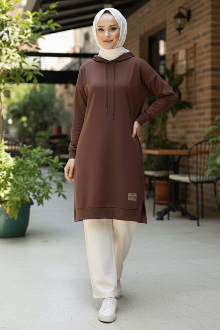 Armalı Vortex Yırtmaçlı Tunik - 27984-KAHVE - TOFİSA