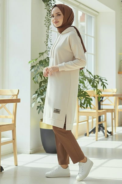 Armalı Vortex Yırtmaçlı Tunik - 27984-KREM 