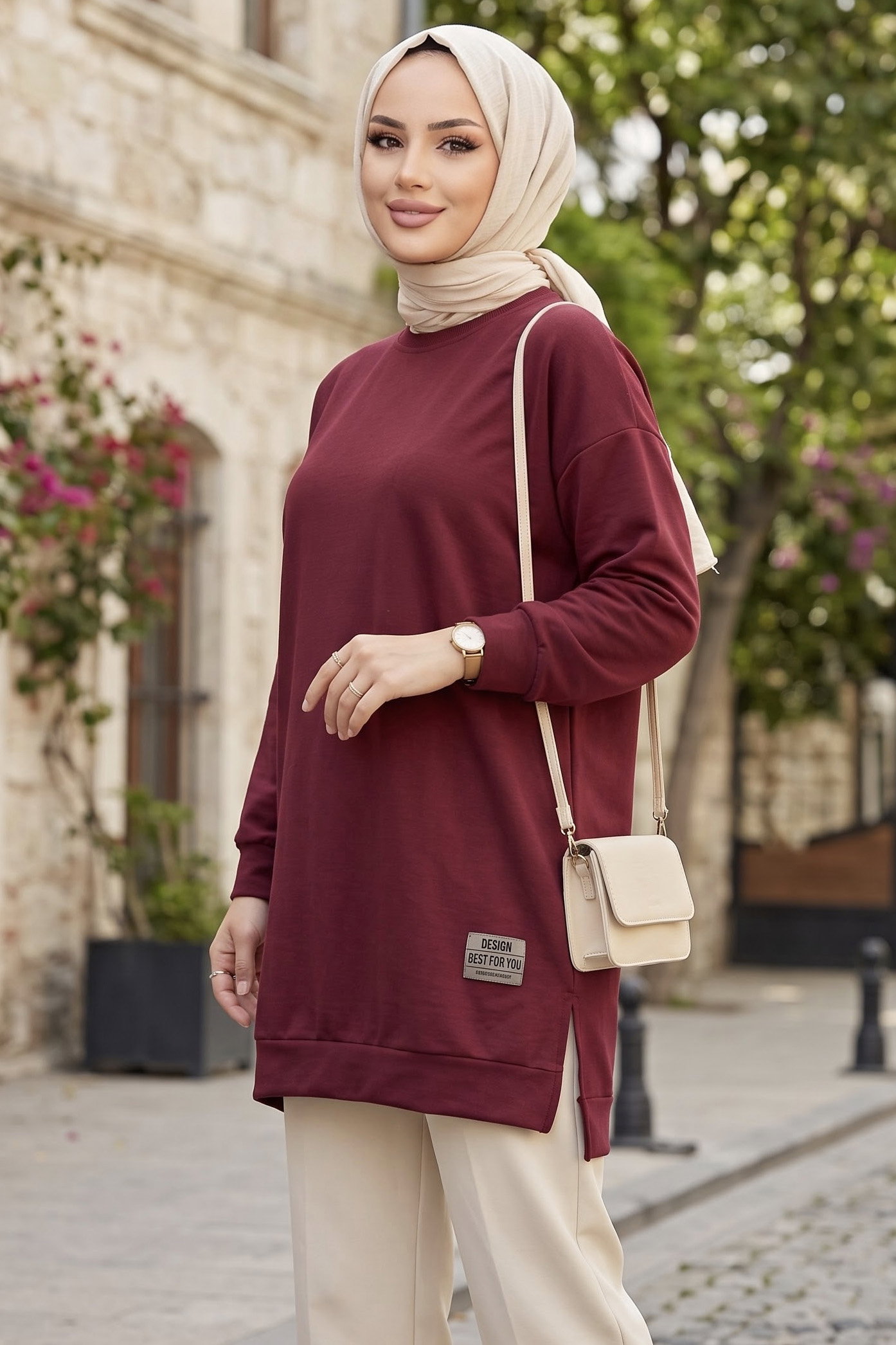 Armalı Yırtmaç Detaylı Vortex Tunik - 27952-BORDO - 1