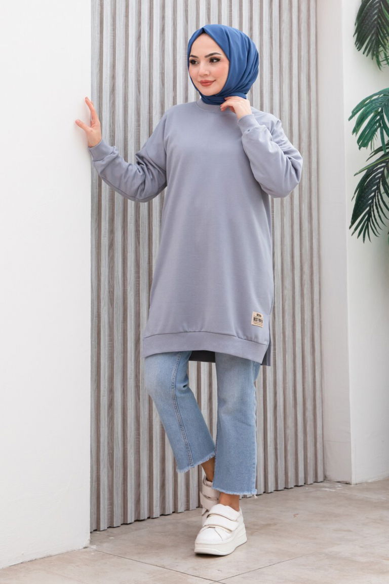 Armalı Yırtmaç Detaylı Vortex Tunik - 27952-GRI - TOFİSA