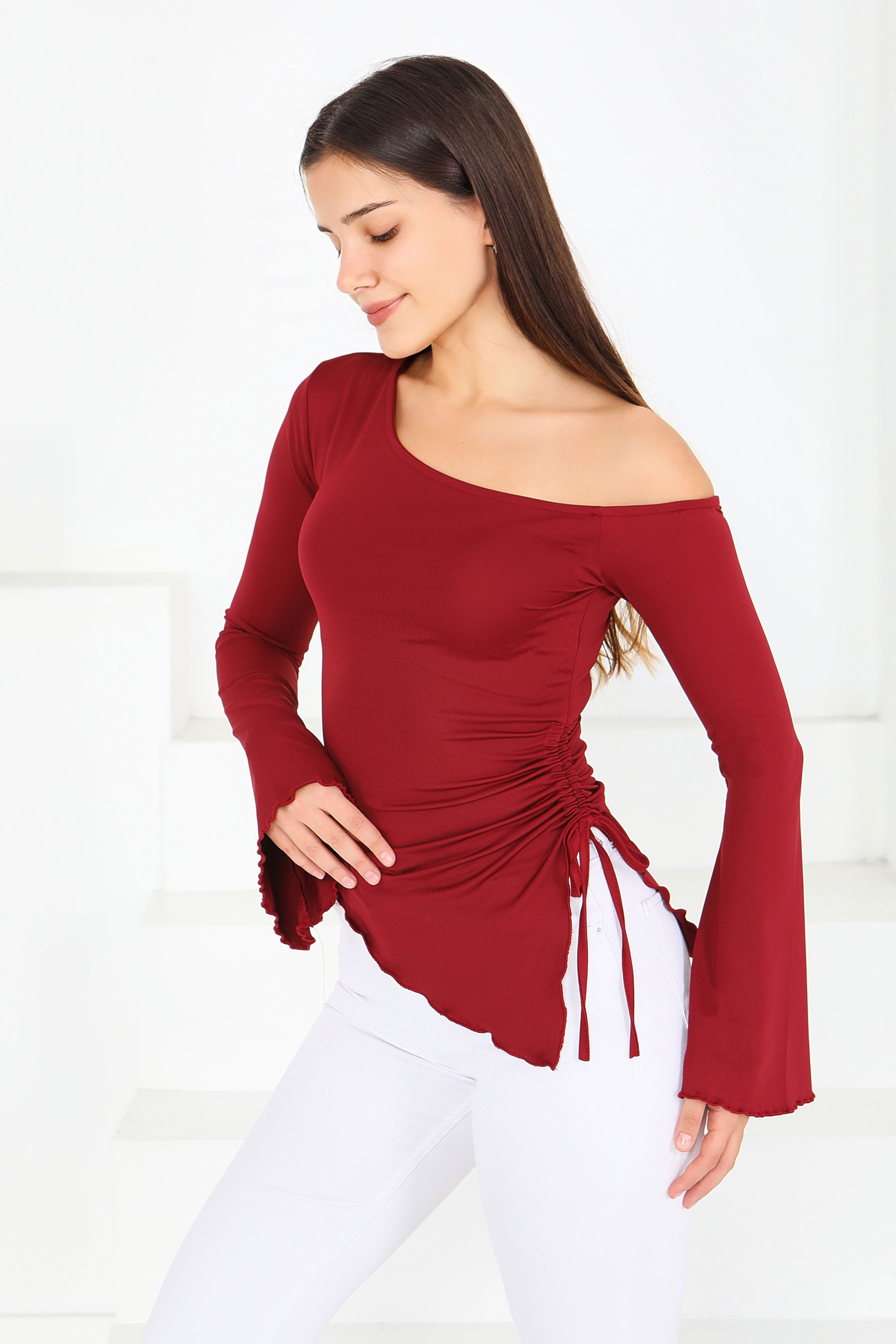 Asimetrik Dalgıç Bluz - 27819-BORDO - 2