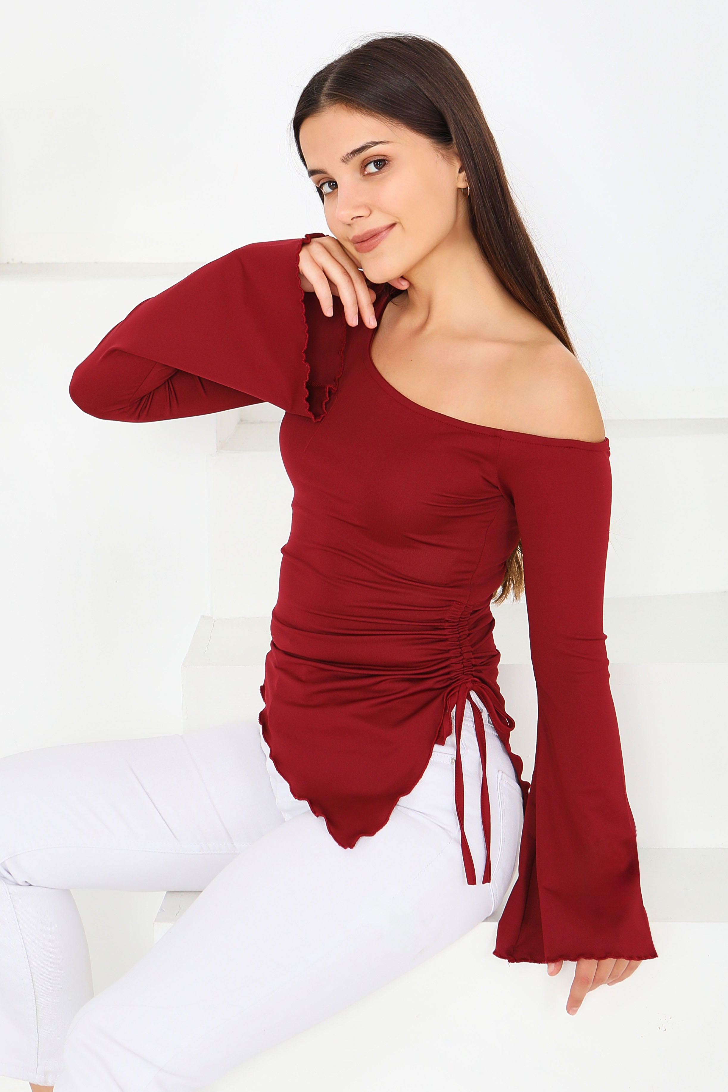 Asimetrik Dalgıç Bluz - 27819-BORDO - 3