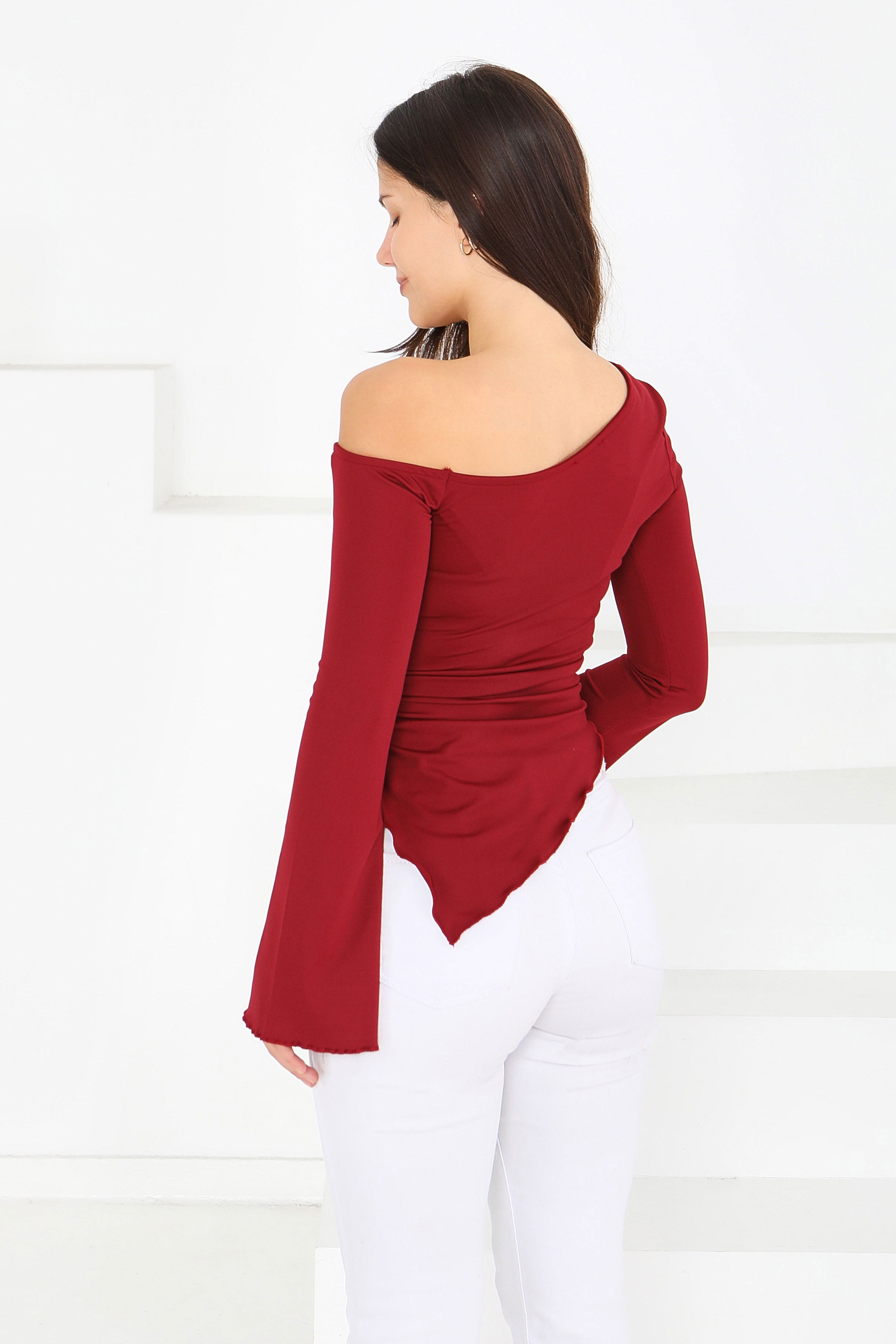 Asimetrik Dalgıç Bluz - 27819-BORDO - 5