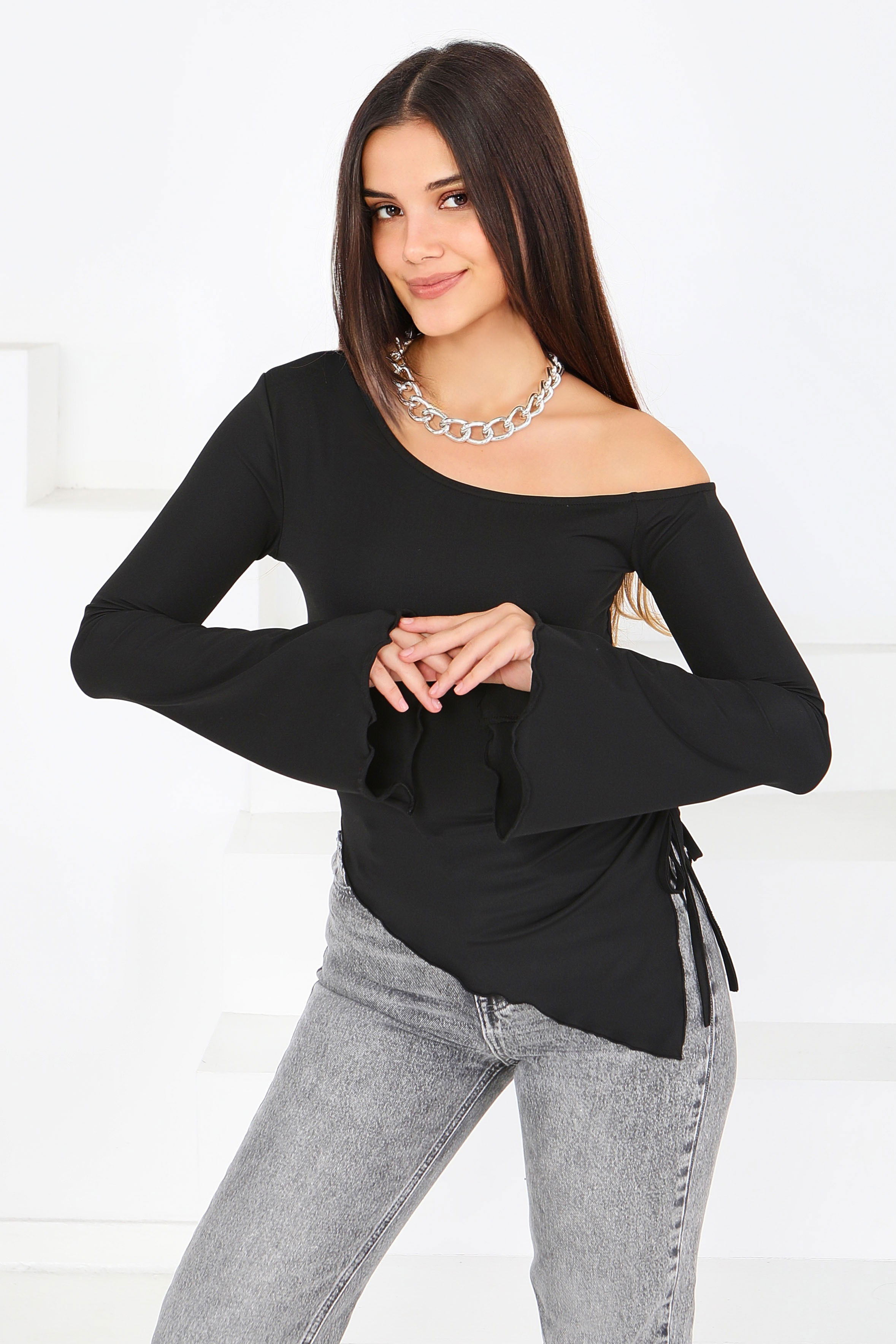Asimetrik Dalgıç Bluz - 27819-SIYAH - 3