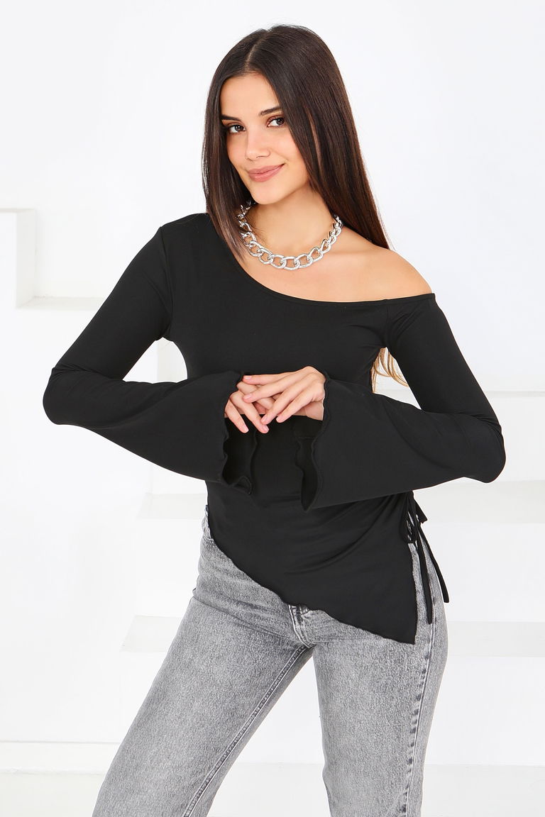 Asimetrik Dalgıç Bluz - 27819-SIYAH - TOFİSA