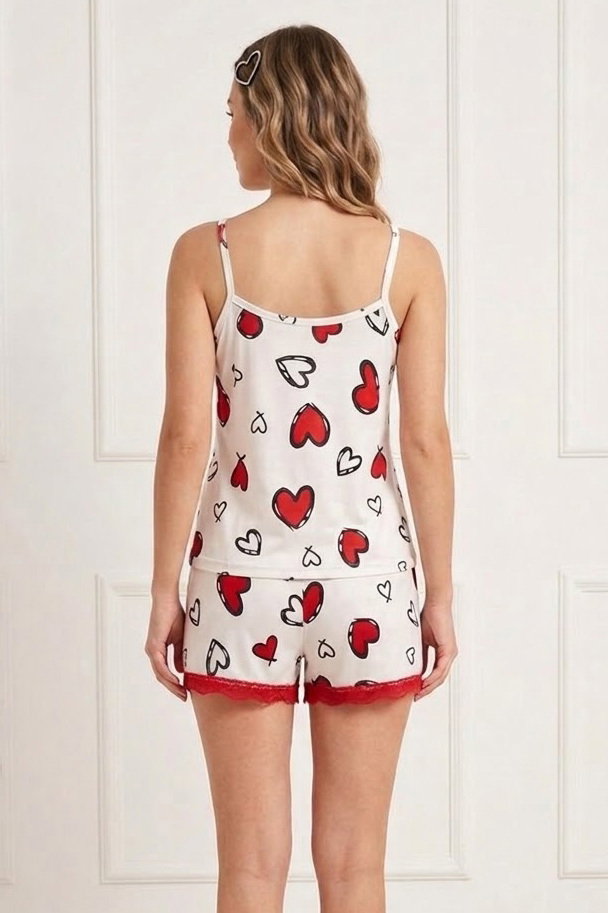 Askılı Dantel Detaylı Şortlu Pijama Takımı Beyaz - 28595-BEYAZ - 2