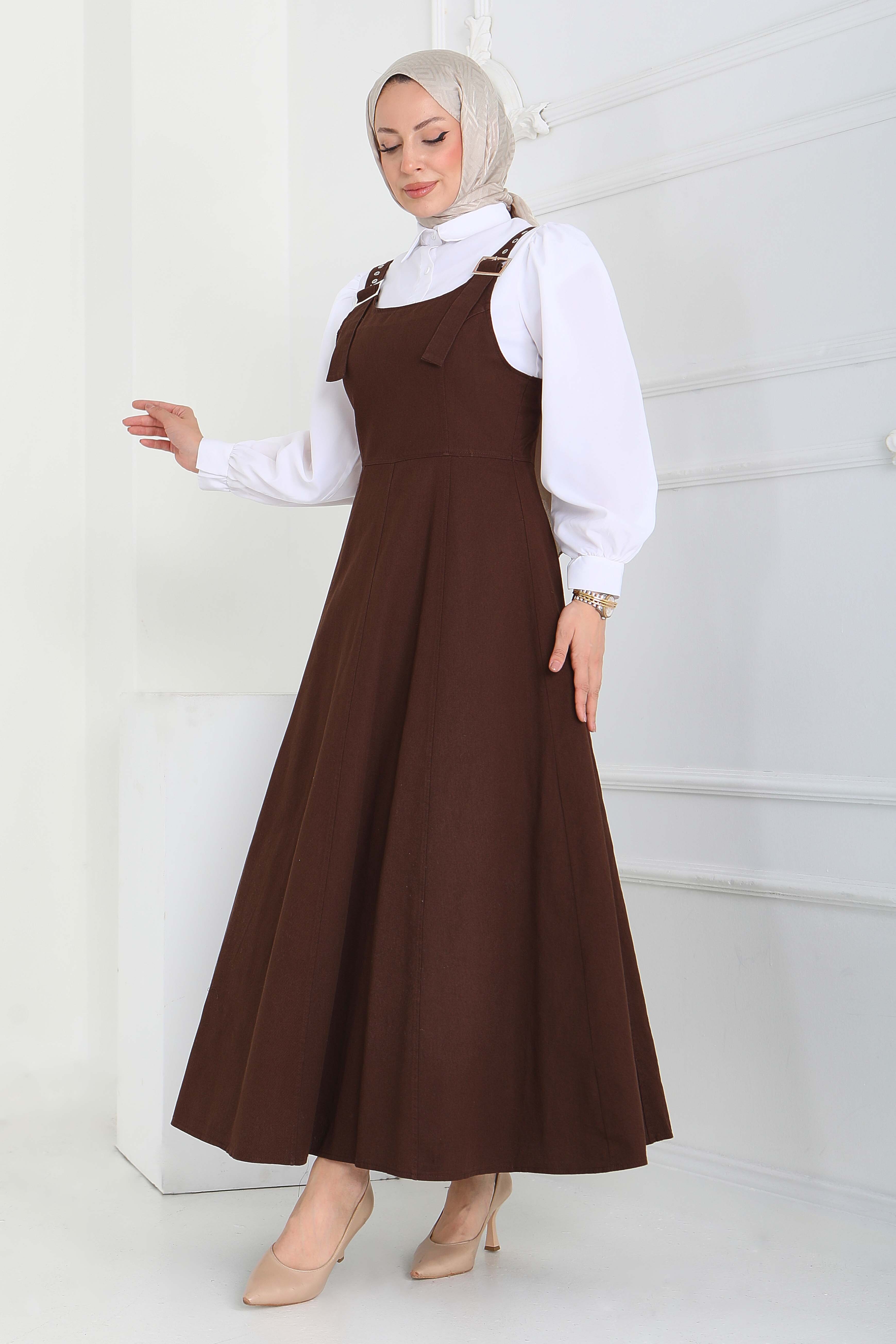 Askılı Gabardin Salopet - 27832-KAHVE - 3