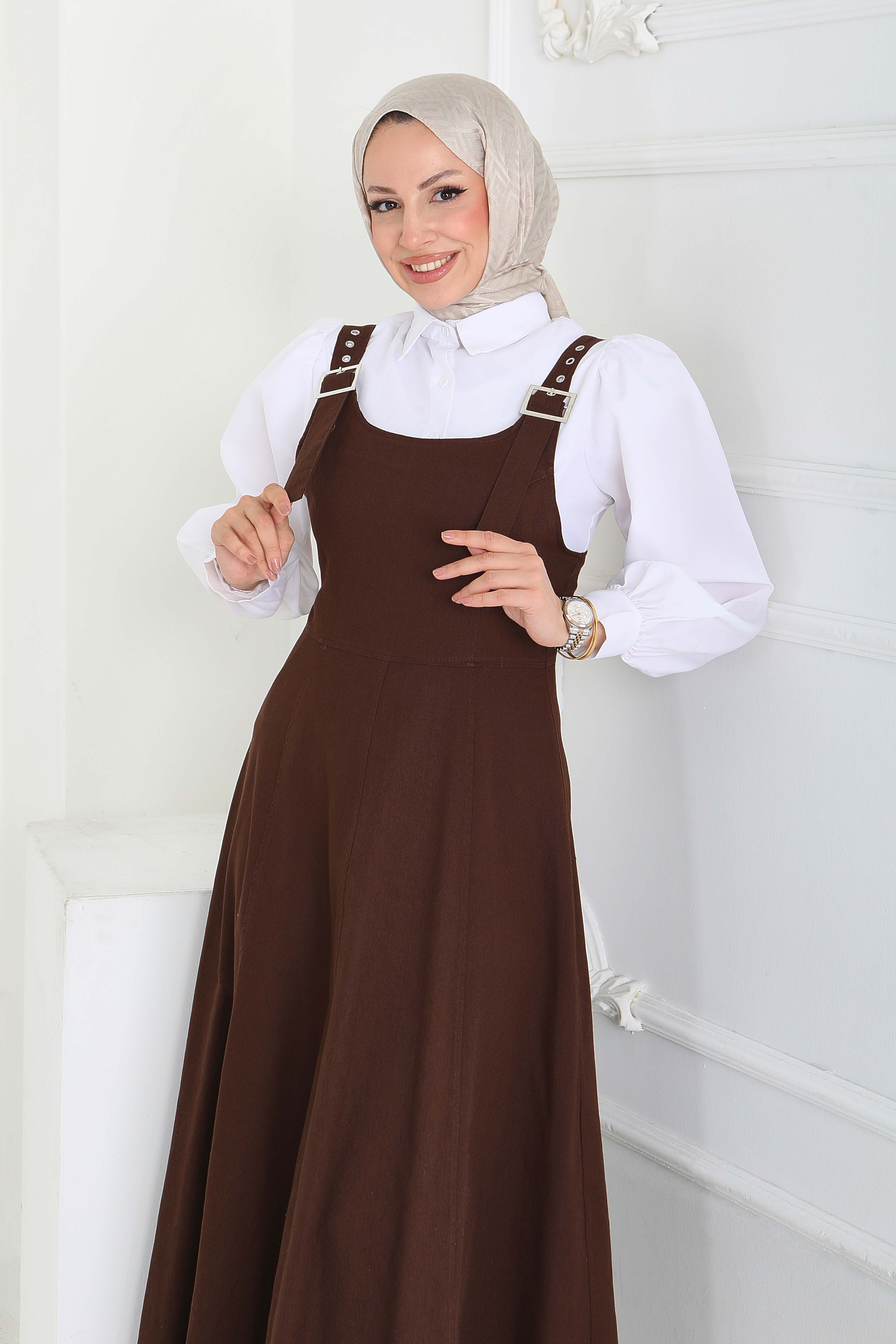 Askılı Gabardin Salopet - 27832-KAHVE - 4