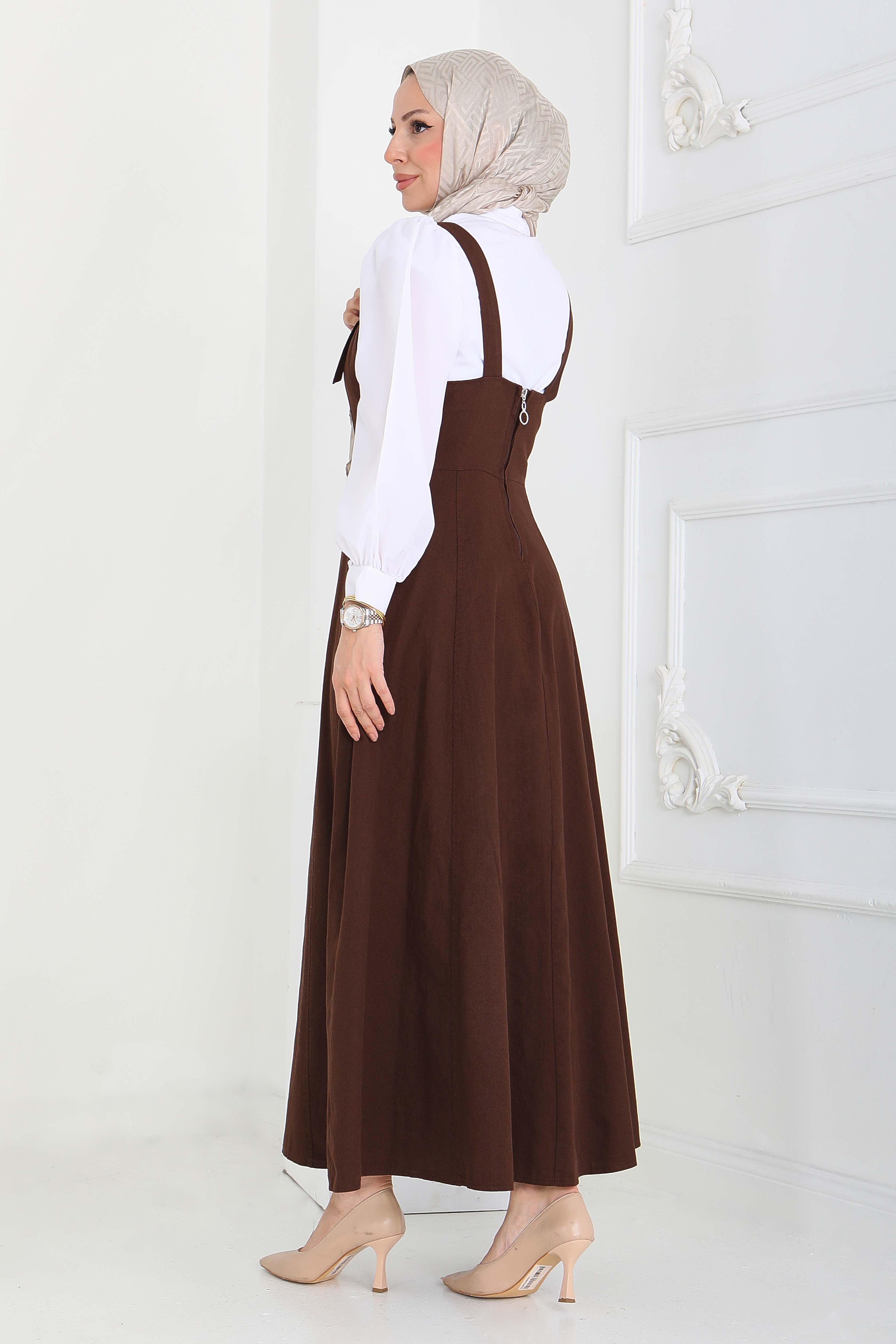 Askılı Gabardin Salopet - 27832-KAHVE - 5