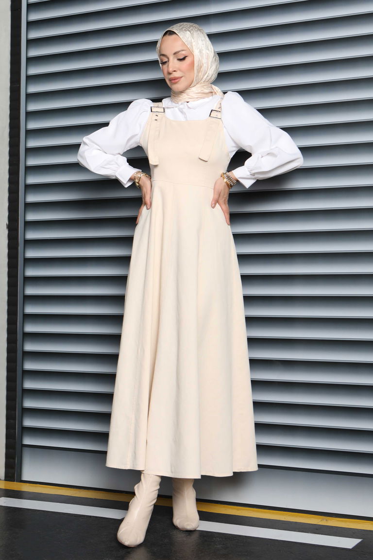 Askılı Gabardin Salopet - 27832-KREM - TOFİSA