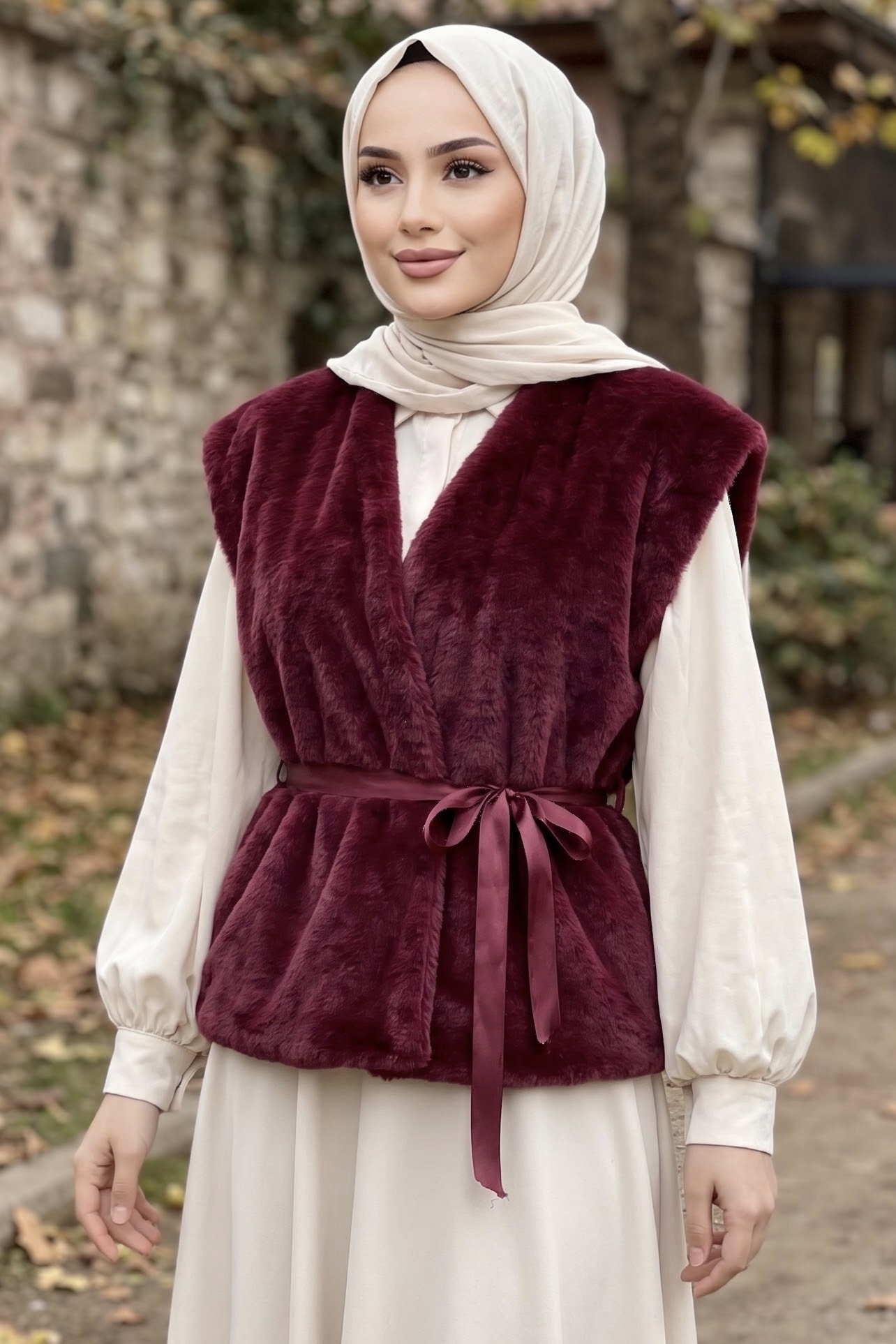 Astarlı Peluş Kuşaklı Yelek Bordo - 29297-BORDO - 2