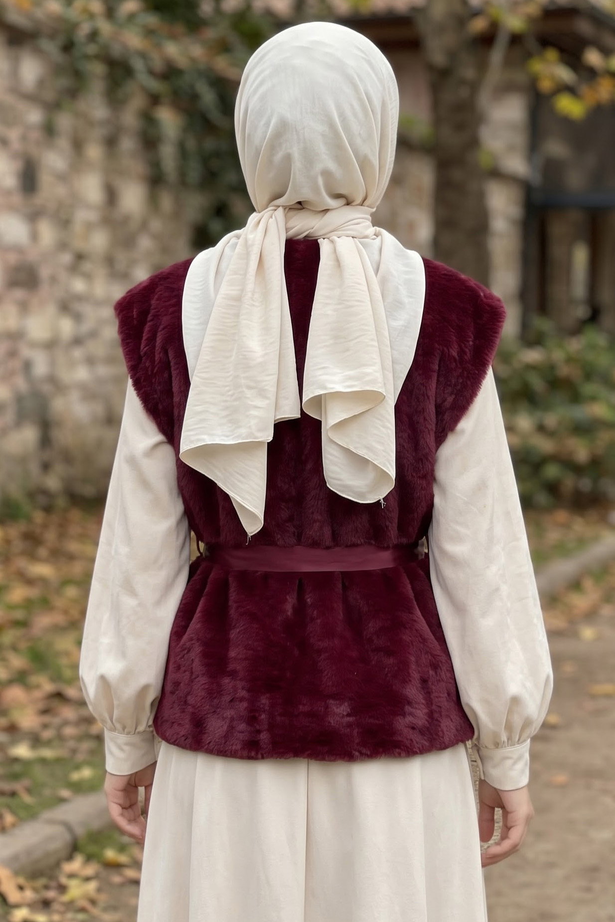 Astarlı Peluş Kuşaklı Yelek Bordo - 29297-BORDO - 3