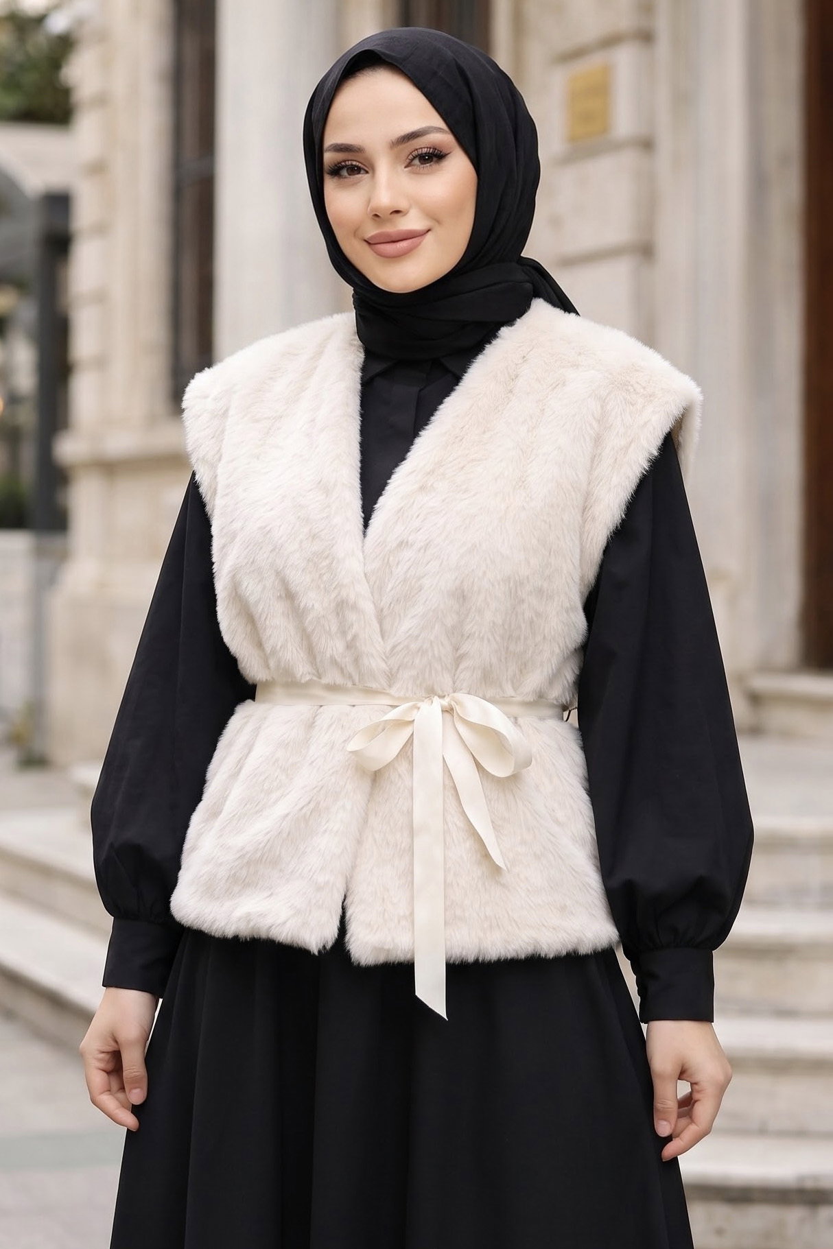 Astarlı Peluş Kuşaklı Yelek Ekru - 29297-EKRU - 1