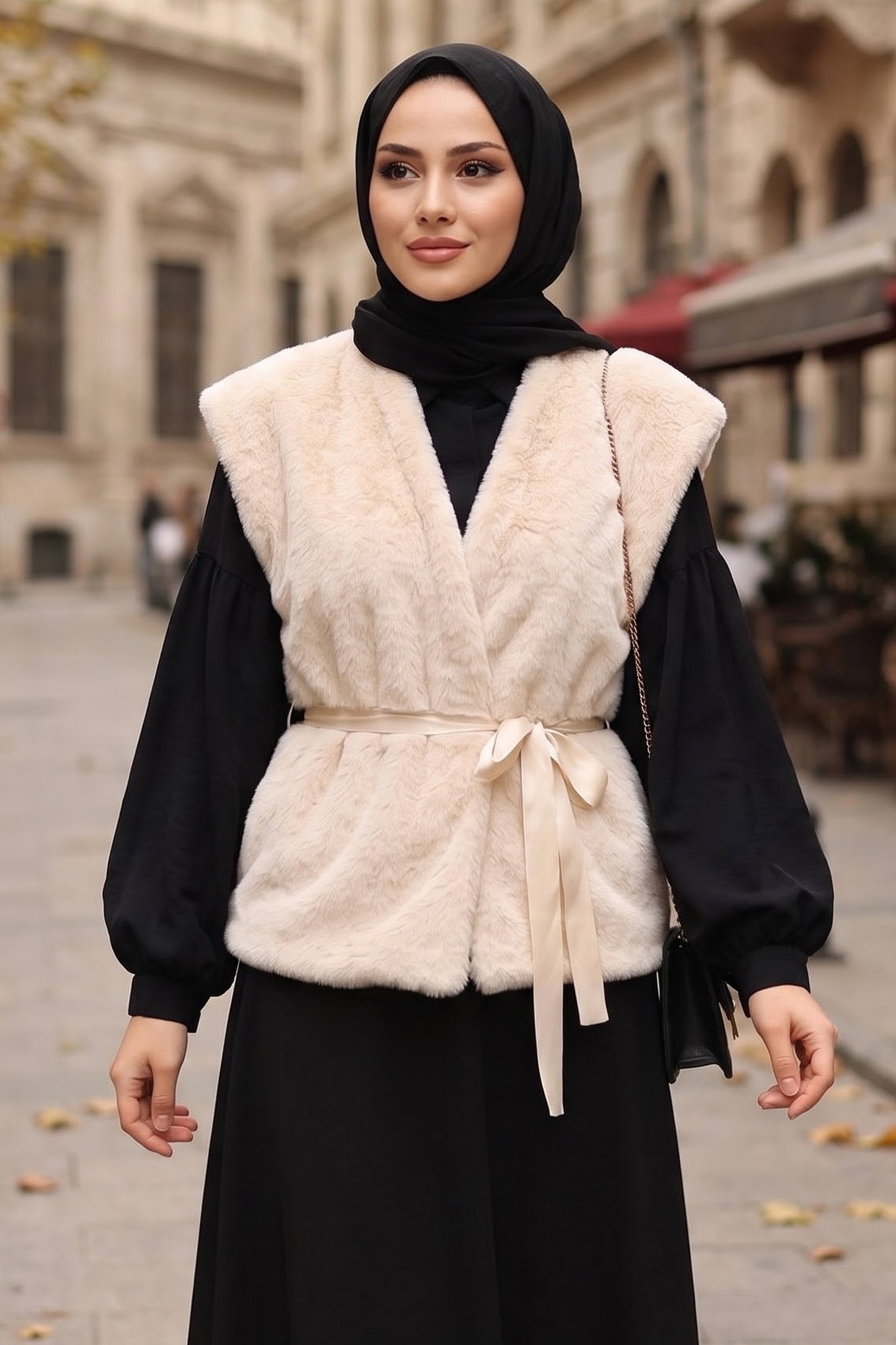 Astarlı Peluş Kuşaklı Yelek Krem - 29297-KREM - 1