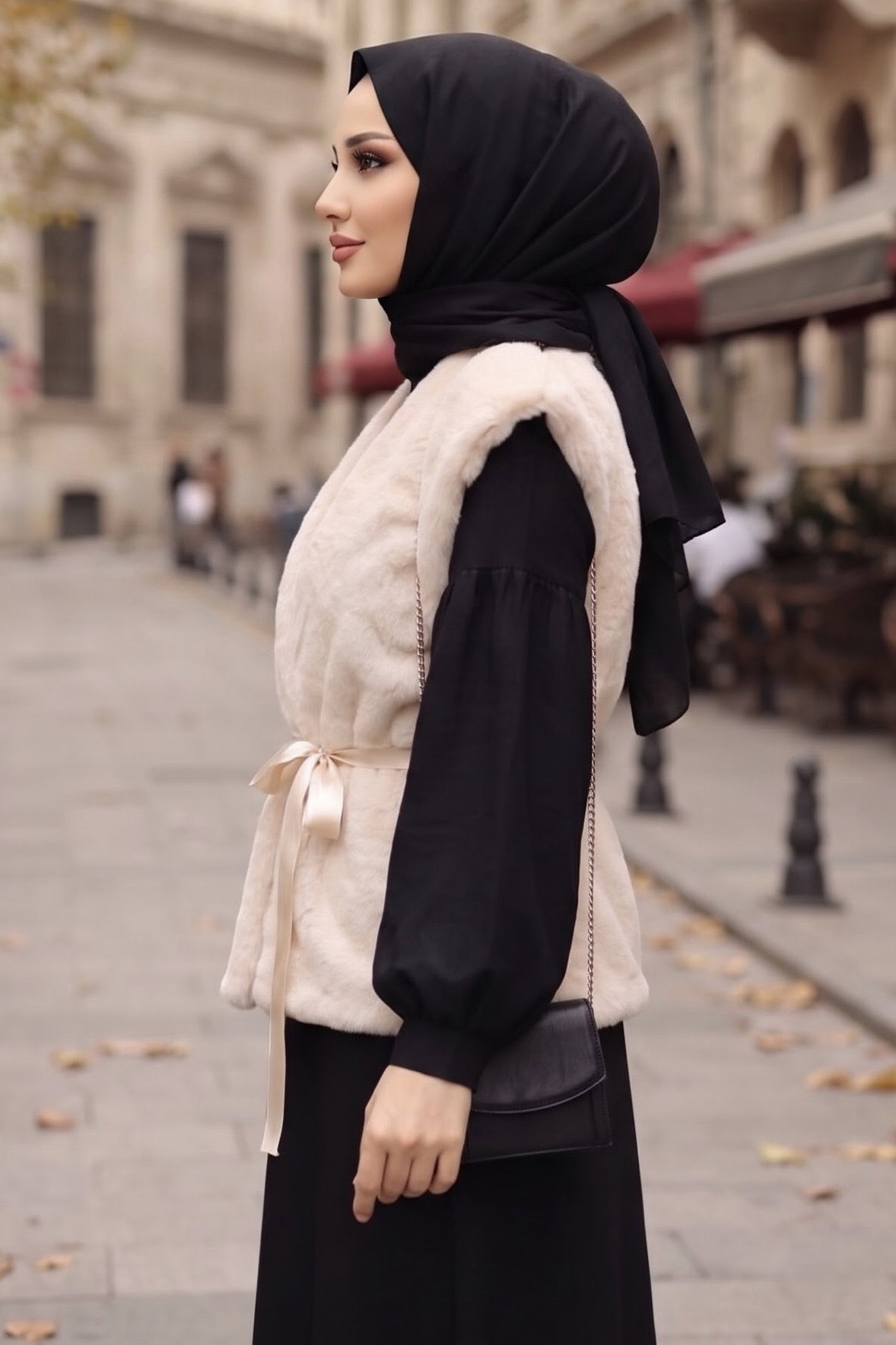 Astarlı Peluş Kuşaklı Yelek Krem - 29297-KREM - 2