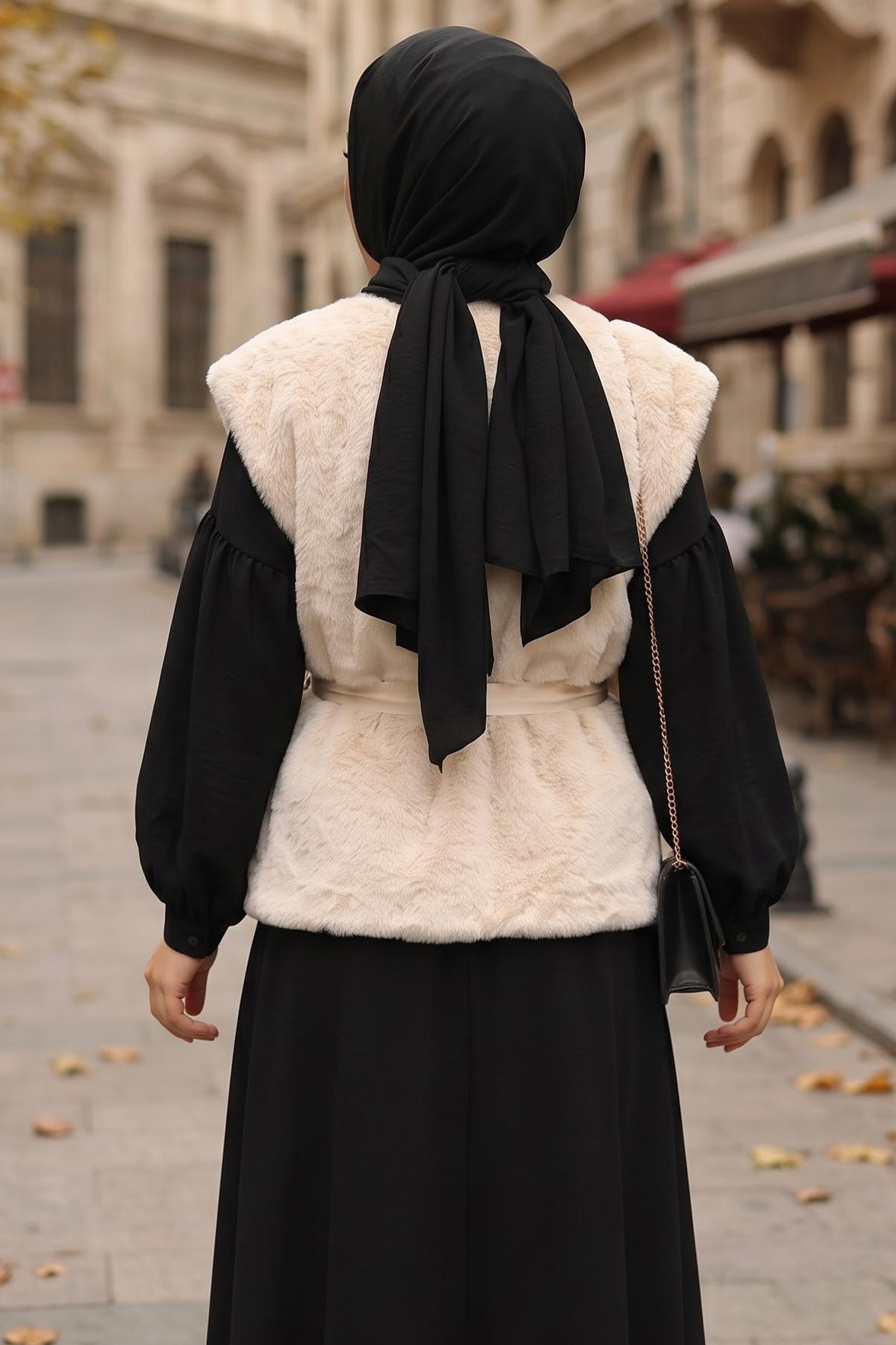 Astarlı Peluş Kuşaklı Yelek Krem - 29297-KREM - 3