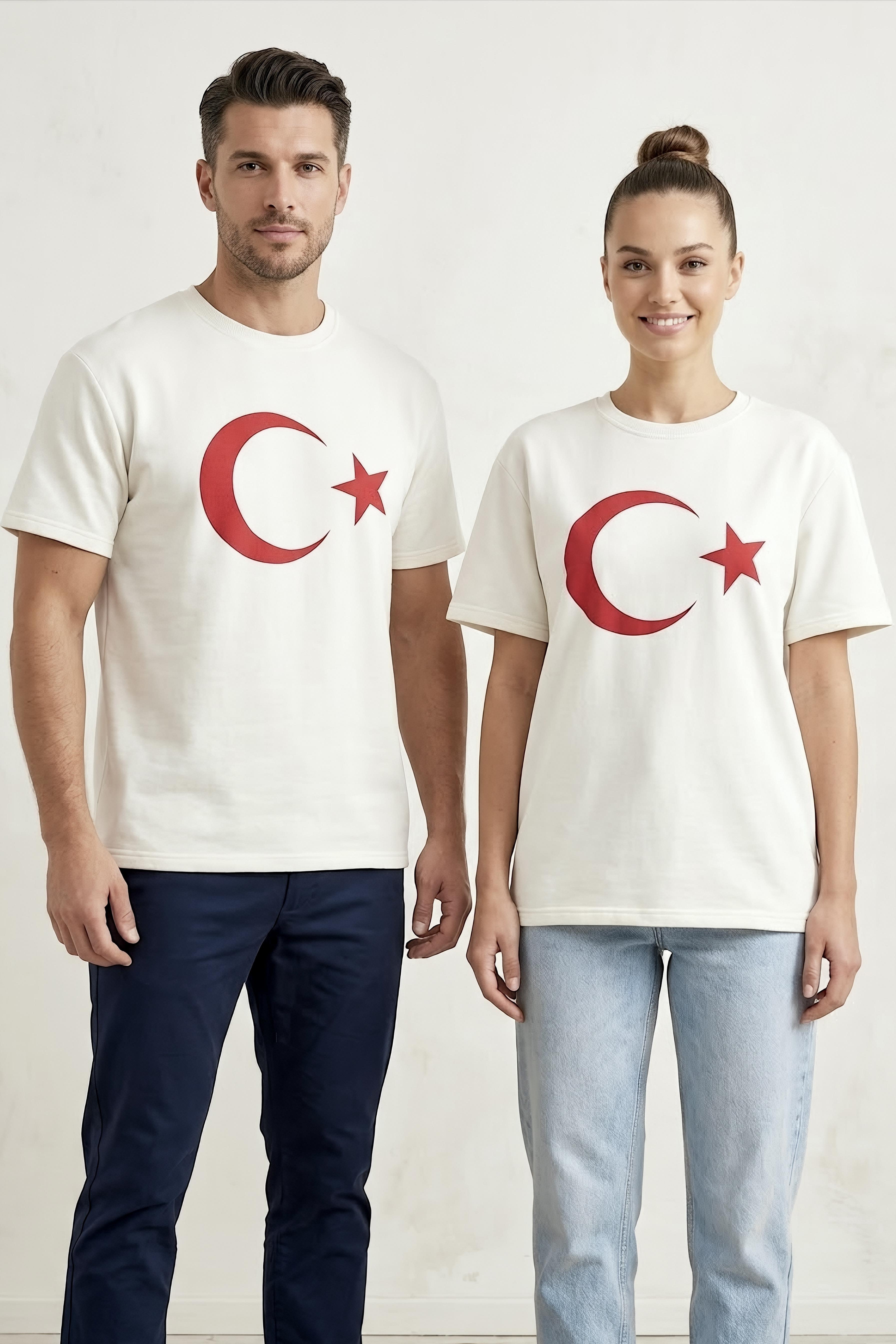 Ay Yıldız Baskılı Kısa Kollu T-shirt Beyaz - 2146-BEYAZ - 1