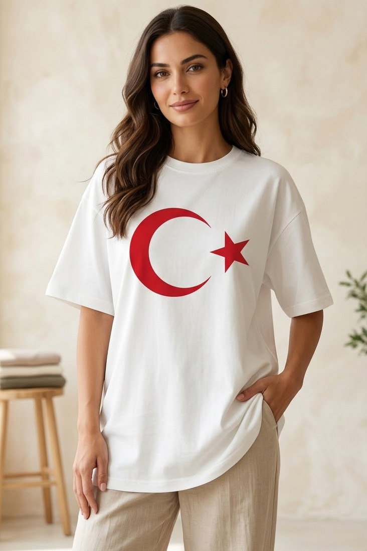 Ay Yıldız Baskılı Kısa Kollu T-shirt Beyaz - 2146-BEYAZ - 2