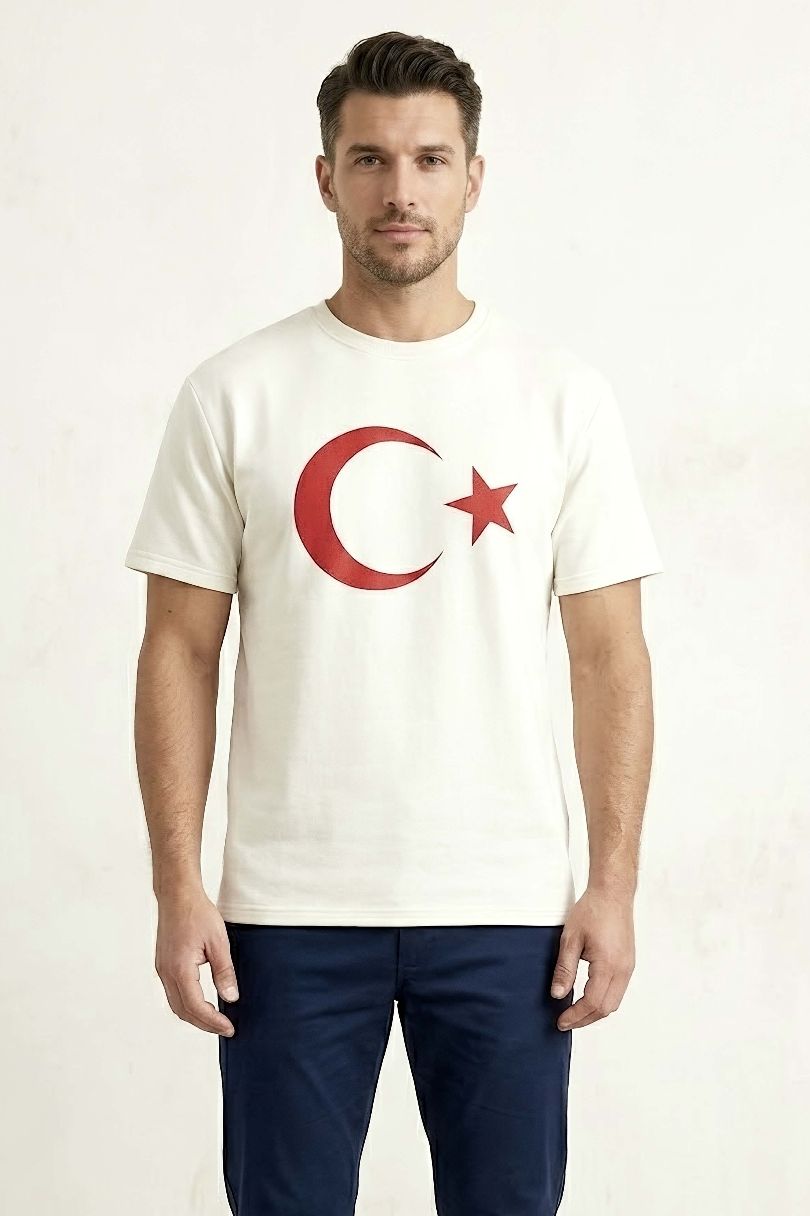 Ay Yıldız Baskılı Kısa Kollu T-shirt Beyaz - 2146-BEYAZ - 3