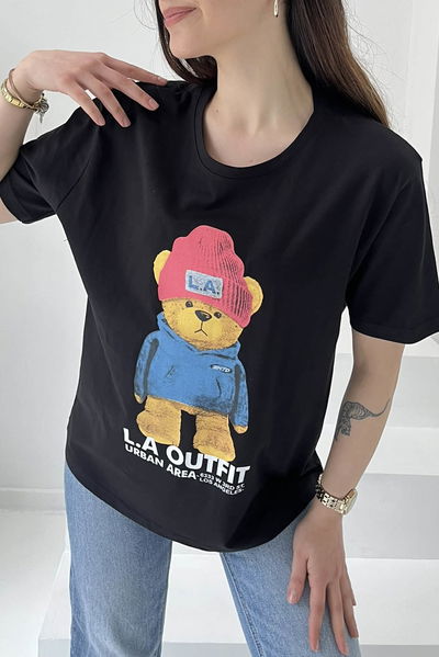 Ayıcık Baskılı Kısa Kollu T-Şhirt Siyah - 27031 