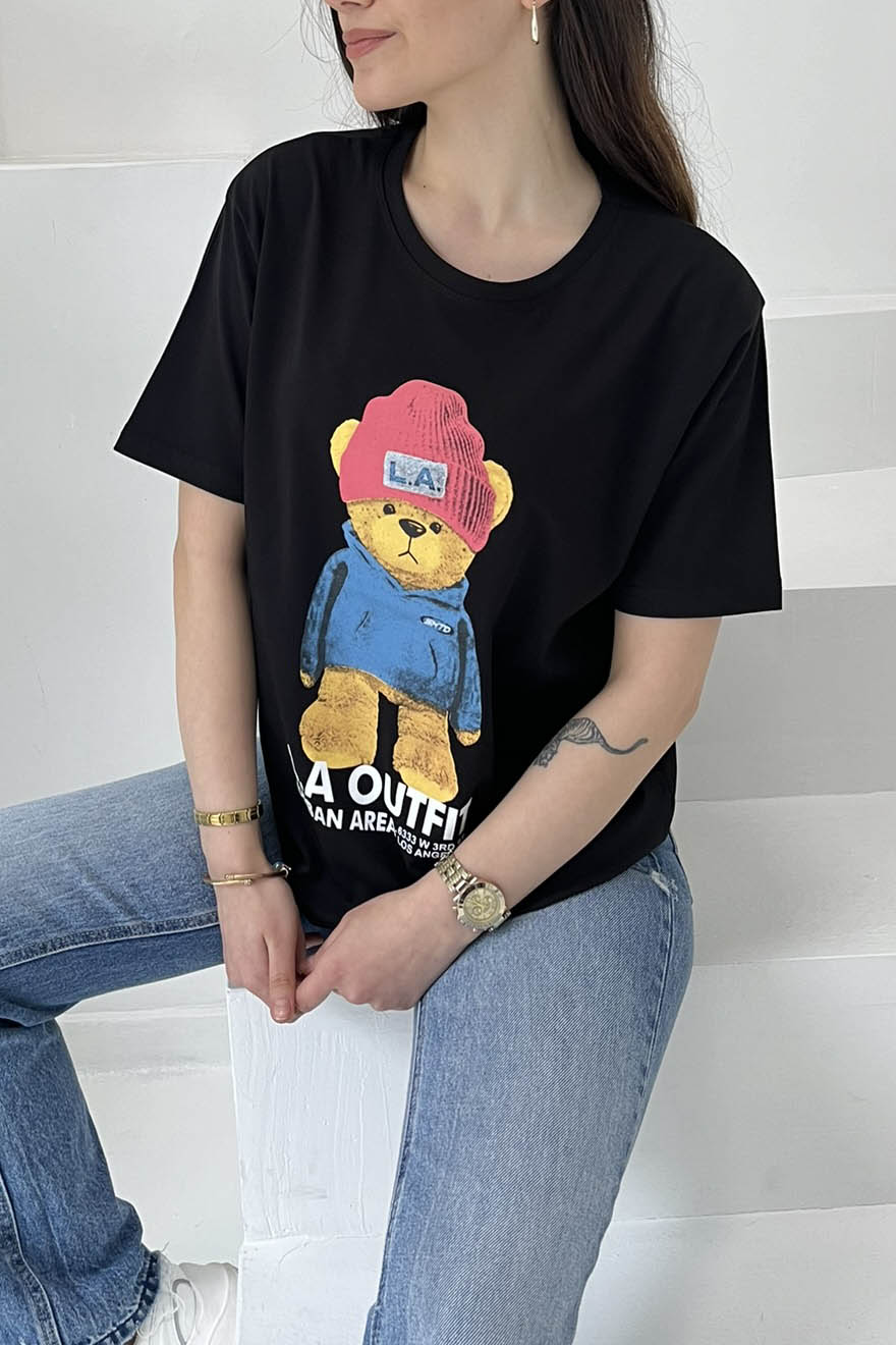 Ayıcık Baskılı Kısa Kollu T-Şhirt Siyah - 27031 - 2