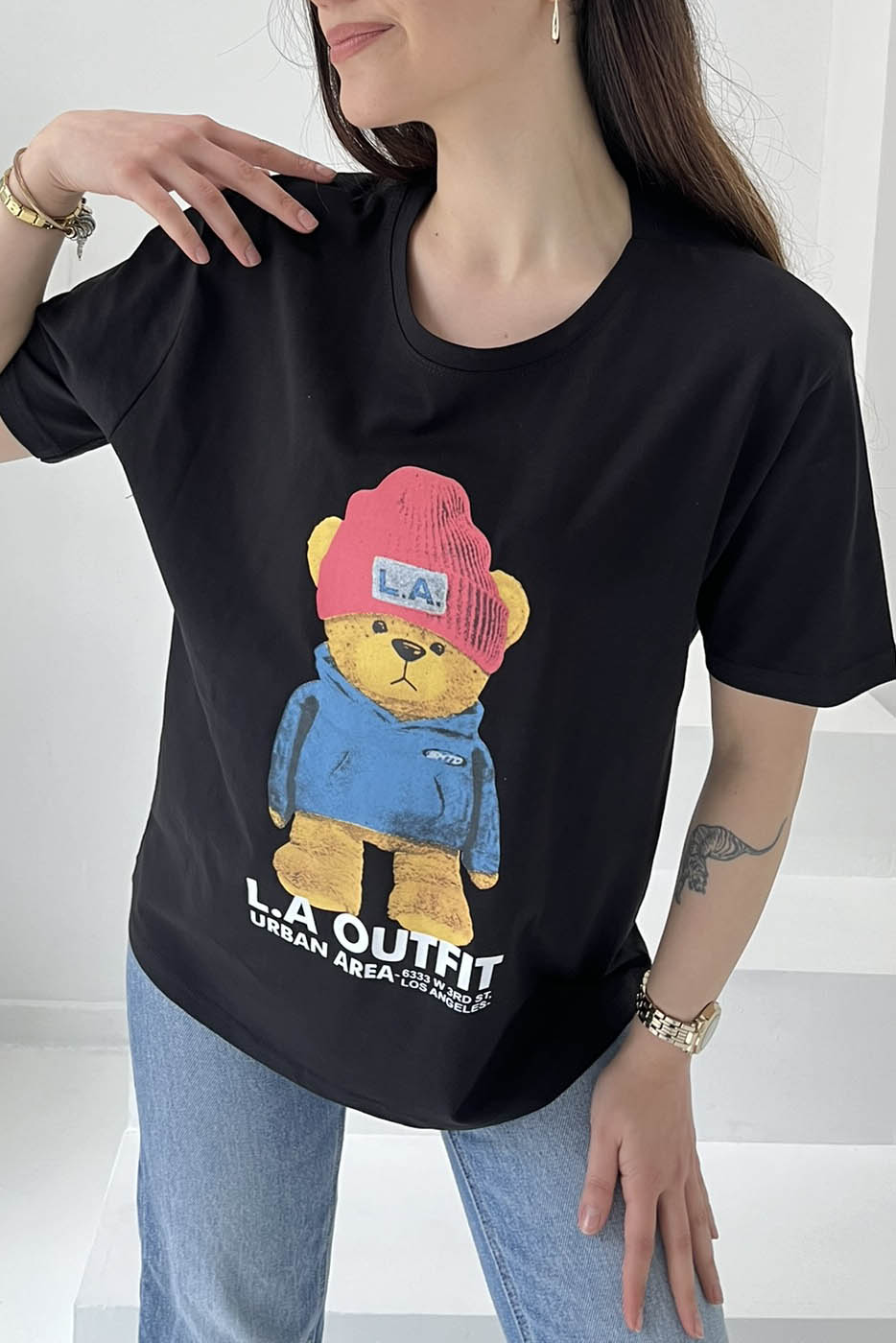 Ayıcık Baskılı Kısa Kollu T-Şhirt Siyah - 27031 - 3