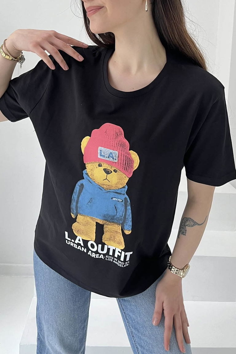 Ayıcık Baskılı Kısa Kollu T-Şhirt Siyah - 27031 - TOFİSA