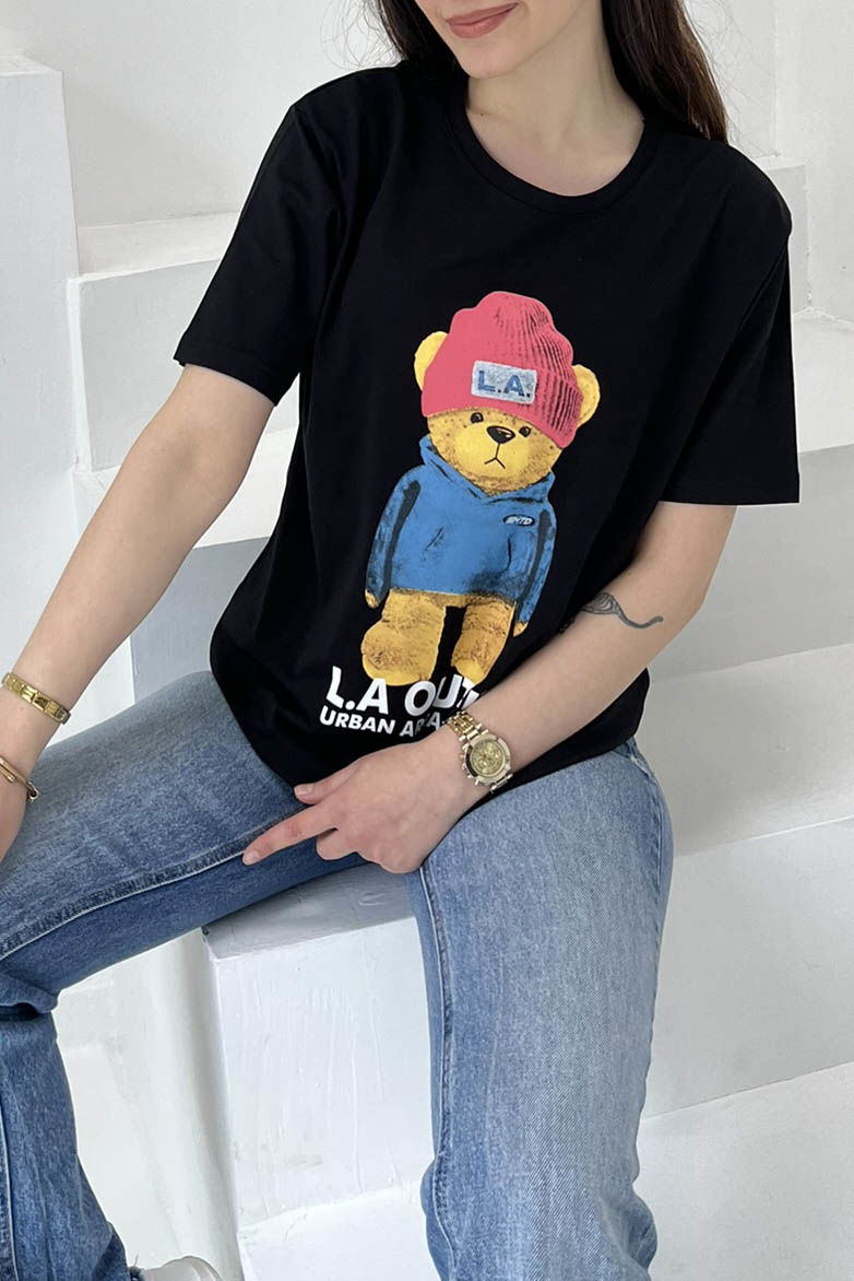 Ayıcık Baskılı Kısa Kollu T-Şhirt Siyah - 27031 - 4