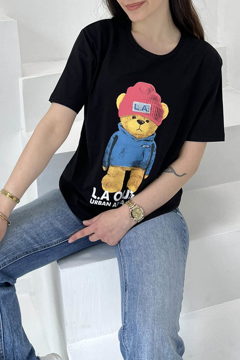 Ayıcık Baskılı Kısa Kollu T-Şhirt Siyah - 27031 - TOFİSA