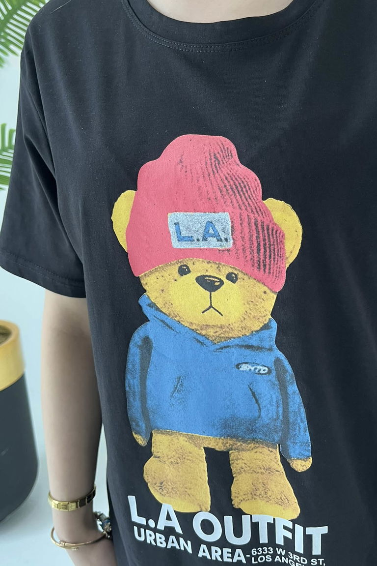 Ayıcık Baskılı Kısa Kollu T-Şhirt Siyah - 27031 - TOFİSA