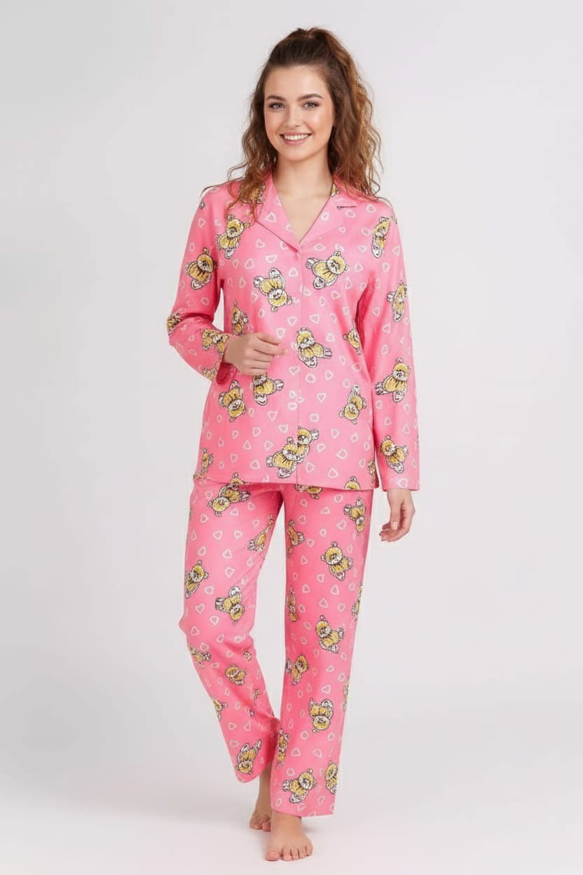 Ayıcık Baskılı Pijama Takımı - 27941-PEMBE - 1