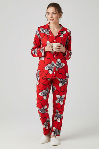 Ayıcık Baskılı Pijama Takımı - 27943-KIRMIZI 