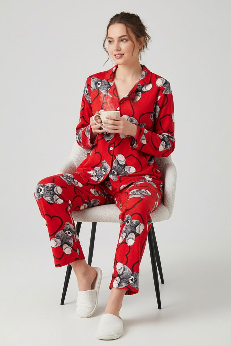 Ayıcık Baskılı Pijama Takımı - 27943-KIRMIZI - 2