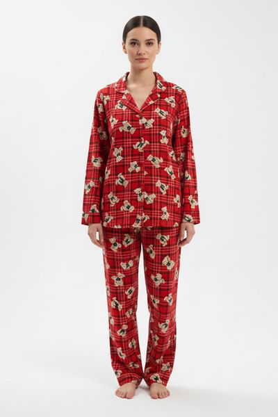 Ayıcık Baskılı Pijama Takımı - 27945-KIRMIZI 
