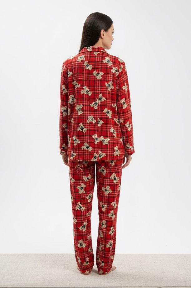Ayıcık Baskılı Pijama Takımı - 27945-KIRMIZI - TOFİSA
